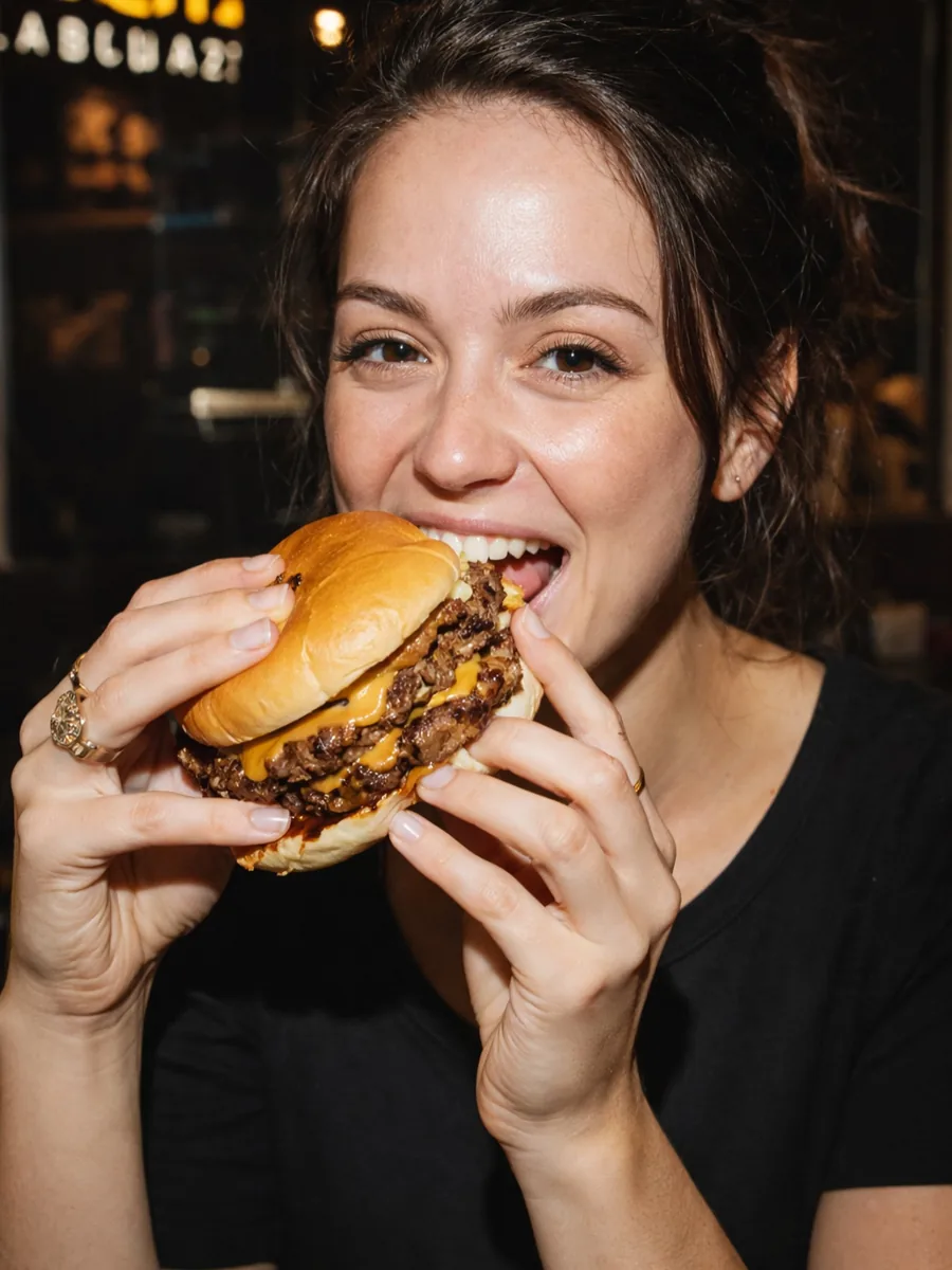 A guest biting a Smash Lab burger